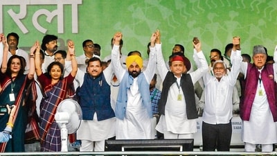INDIA bloc leaders at a rally in Ranchi on Sunday. (PTI)