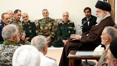 A handout picture provided by the office of Iran's Supreme Leader Ayatollah Ali Khamenei on April 21, 2024, shows him speaking to a group commanders of the Iranian armed forces in Tehran. (AFP) A handout picture provided by the office of Iran's Supreme Leader Ayatollah Ali Khamenei on April 21, 2024, shows him speaking to a group commanders of the Iranian armed forces in Tehran. (AFP)