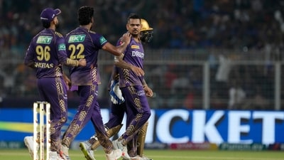 Sunil Narine also spun his web and claimed the crucial wickets of Cameron Green and Mahipal Lomror in an over to derail RCB's chase. (AP) Sunil Narine also spun his web and claimed the crucial wickets of Cameron Green and Mahipal Lomror in an over to derail RCB's chase. (AP)