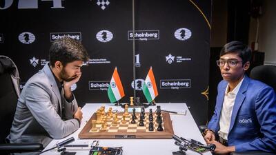 Indian grandmaster Gukesh D during his encounter with fellow Indian Praggnanandhaa R during the ninth round of the FIDE Candidates tournament in Toronto. (Walusza Fotografia) Indian grandmaster Gukesh D during his encounter with fellow Indian Praggnanandhaa R during the ninth round of the FIDE Candidates tournament in Toronto. (Walusza Fotografia)