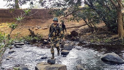 Security personnel during an encounter with Maoists in Kanker district on April 16, 2024. (PTI) Security personnel during an encounter with Maoists in Kanker district on April 16, 2024. (PTI)
