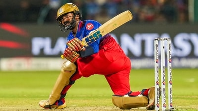Royal Challengers Bengaluru batter Dinesh Karthik plays a shot during the Indian Premier League (IPL) 2024 cricket match (PTI) Royal Challengers Bengaluru batter Dinesh Karthik plays a shot during the Indian Premier League (IPL) 2024 cricket match (PTI)
