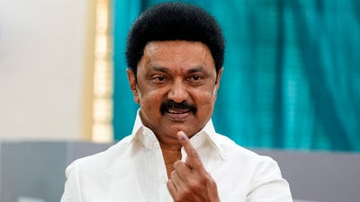 Tamil Nadu chief minister MK Stalin shows his fingers marked with indelible ink after casting his vote for the first phase of Lok Sabha elections. (PTI) Tamil Nadu chief minister MK Stalin shows his fingers marked with indelible ink after casting his vote for the first phase of Lok Sabha elections. (PTI)