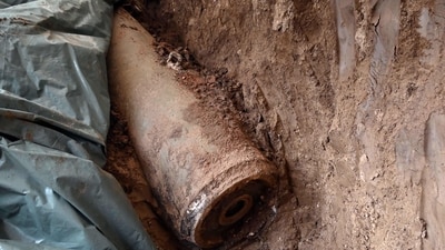A handout photo distributed on April 21, 2024 by the Ministry of the Interior of Serbia, shows an unexploded bomb from the 1999 NATO bombing at a construction site in Nis, southern Serbia. (AFP) A handout photo distributed on April 21, 2024 by the Ministry of the Interior of Serbia, shows an unexploded bomb from the 1999 NATO bombing at a construction site in Nis, southern Serbia. (AFP)