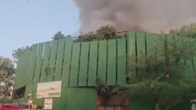 Visuals show fire officials dousing the massive blaze that broke out on Sunday evening. (ANI)