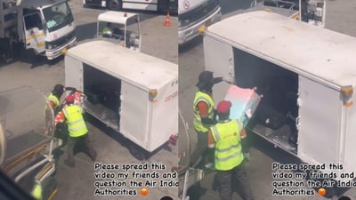 Snapshot of the Air India staff throwing luggage. (Instagram/@ishwar_dwivedi) Snapshot of the Air India staff throwing luggage. (Instagram/@ishwar_dwivedi)