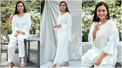 As the summer season gets underway, Dia Mirza is here to give you some summer fashion inspiration with her sartorial choices. The actress is a total stunner who is always hitting the fashion targets like a pro. Whether it's a traditional saree or a chic jumpsuit, she can pull off any look to perfection. Dia is known for her elegant and classy dressing sense and her Instagram feeds filled with ethnic looks are a treasure trove of style inspiration for all her followers. Just a day ago, she turned heads in an exquisite saree and this time around, she serves up fashion goals in a white co-ord set. (Instagram/@diamirzaofficial) As the summer season gets underway, Dia Mirza is here to give you some summer fashion inspiration with her sartorial choices. The actress is a total stunner who is always hitting the fashion targets like a pro. Whether it's a traditional saree or a chic jumpsuit, she can pull off any look to perfection. Dia is known for her elegant and classy dressing sense and her Instagram feeds filled with ethnic looks are a treasure trove of style inspiration for all her followers. Just a day ago, she turned heads in an exquisite saree and this time around, she serves up fashion goals in a white co-ord set. (Instagram/@diamirzaofficial)