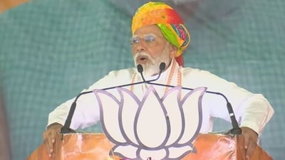 Prime Minister Narendra Modi addressing a public meeting in Jalore, Rajasthan on Sunday.