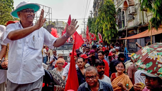 CPI(M) candidate from Dum Dum constituency Sujan Chakraborty during an eleciton rally, in Kolkata, West Bengal.(PTI)