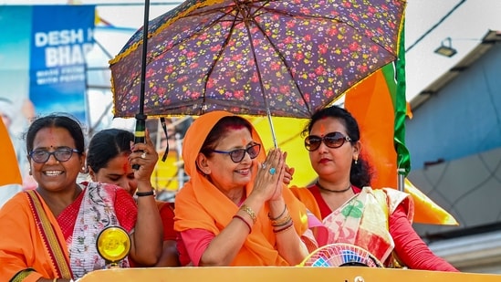BJP's Krishnanagar Lok Sabha candidate Amrita Roy campaigns in Nadia, West Bengal.(PTI)