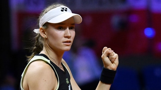 Kazakhstan's Elena Rybakina reacts after her victory against Poland's Iga Swiatek at the semi finals of the WTA Tour in Stuttgart, Germany (AP)