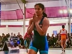 **EDS: IMAGE VIA @geeta_phogat** Jaipur: Asian Games gold medallist Vinesh Phogat during her match at the Senior National Wrestling Championships, in Jaipur, Sunday, Feb. 4, 2024. Vinesh Phogat clinched the 55kg gold medal in the event. (PTI Photo) 
(PTI02_04_2024_000440B)