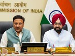  Chief Election Commissioner Rajiv Kumar with Election Commissioner Sukhbir Singh Sandhu addresses the media (PTI)