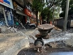 Thane, India - May 09, 2023: Water being wasted due to a water pipeline valve leakage, at Panchpakhadi, near TMC Office, in Thane, India, on Tuesday, May 09, 2023. (Praful Gangurde/HT Photo) (HT PHOTO)(HT_PRINT)