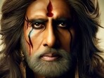 (Left) Amitabh Bachchan imagined as Ashwatthama by an AI software; (right) Amitabh Bachchan digitally de-aged as Ashwatthama in Kalki 2898 AD. 