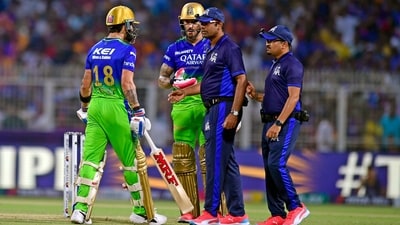 Royal Challengers Bengaluru's Virat Kohli and Faf du Plessis (c) speak to the on-field umpires after Virat was given out on a slow full toss by Kolkata Knight Riders' Harshit Rana (ANI) Royal Challengers Bengaluru's Virat Kohli and Faf du Plessis (c) speak to the on-field umpires after Virat was given out on a slow full toss by Kolkata Knight Riders' Harshit Rana (ANI)