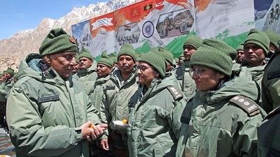 Defence Minister Rajnath Singh interacts with the Armed Forces personnel deployed in Siachen, Ladakh. (X/@rajnathsingh) Defence Minister Rajnath Singh interacts with the Armed Forces personnel deployed in Siachen, Ladakh. (X/@rajnathsingh)