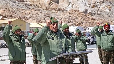 Defence Minister Rajnath Singh addresses as he carries out a first-hand assessment of the security situation during his visit to meet the Armed Forces personnel deployed in Siachen, Ladakh. (X/@SpokespersonMoD) Defence Minister Rajnath Singh addresses as he carries out a first-hand assessment of the security situation during his visit to meet the Armed Forces personnel deployed in Siachen, Ladakh. (X/@SpokespersonMoD)