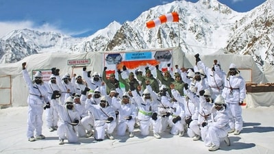 Defence Minister Rajnath Singh on Monday carried out an on-the-ground review of the security situation at Siachin, the world's highest snow-clad battlefield. (X/@SpokespersonMoD) Defence Minister Rajnath Singh on Monday carried out an on-the-ground review of the security situation at Siachin, the world's highest snow-clad battlefield. (X/@SpokespersonMoD)