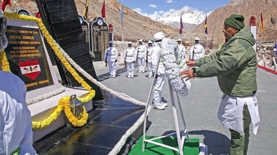 Defence Minister Rajnath Singh lays a wreath and paid homage to the bravehearts who lost their lives in the line of duty at the Martyr's Memorial during his visit to Siachen Base Camp. (X/@@SpokespersonMoD) Defence Minister Rajnath Singh lays a wreath and paid homage to the bravehearts who lost their lives in the line of duty at the Martyr's Memorial during his visit to Siachen Base Camp. (X/@@SpokespersonMoD)