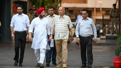 Congress Party leaders Dr Abhishek Manu Singhvi, with Gurdeep Sappal Leave after meeting ECI at Nirvachan Sadan, in New Delhi, India, on Monday, April 22, 2024. (Photo by Raj K Raj/ Hindustan Times) Congress Party leaders Dr Abhishek Manu Singhvi, with Gurdeep Sappal Leave after meeting ECI at Nirvachan Sadan, in New Delhi, India, on Monday, April 22, 2024. (Photo by Raj K Raj/ Hindustan Times)