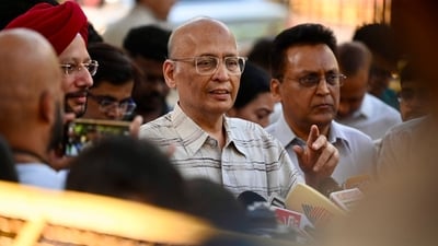 Congress leaders including Abhishek Manu Singhvi at the Election Commission office. (Raj K Raj/HT Photo) Congress leaders including Abhishek Manu Singhvi at the Election Commission office. (Raj K Raj/HT Photo)