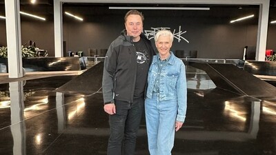 Elon Musk seen which his mother Maye Musk at the Tesla gigafactory in Texas. Elon Musk seen which his mother Maye Musk at the Tesla gigafactory in Texas.