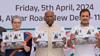 FILE- India’s opposition Congress party leaders from left, Sonia Gandhi, Mallikarjun Kharge, and Rahul Gandhi, display copies of party’s election manifesto during a press conference in New Delhi, India, April 5, 2024. India's 6-week-long general election starts on April 19 and results will be announced on June 4. (AP Photo/Manish Swarup, File) (AP) FILE- India’s opposition Congress party leaders from left, Sonia Gandhi, Mallikarjun Kharge, and Rahul Gandhi, display copies of party’s election manifesto during a press conference in New Delhi, India, April 5, 2024. India's 6-week-long general election starts on April 19 and results will be announced on June 4. (AP Photo/Manish Swarup, File) (AP)