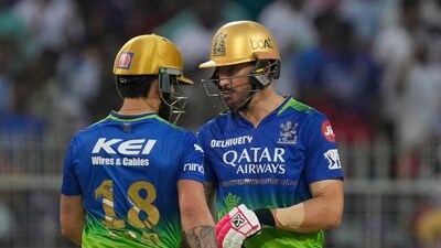 Royal Challengers Bengaluru's captain Faf du Plessis, right, and teammate Virat Kohli chat as they share the crease during the Indian Premier League cricket match (AP) Royal Challengers Bengaluru's captain Faf du Plessis, right, and teammate Virat Kohli chat as they share the crease during the Indian Premier League cricket match (AP)