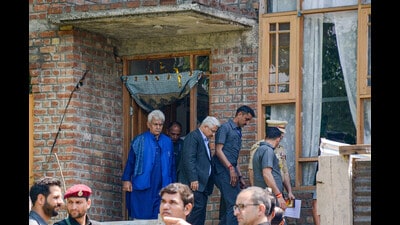 Jammu and Kashmir lieutenant-governor Manoj Sinha visiting families of victims who drowned after a boat capsized in the Jhelum, at Gandbal. (PTI) Jammu and Kashmir lieutenant-governor Manoj Sinha visiting families of victims who drowned after a boat capsized in the Jhelum, at Gandbal. (PTI)
