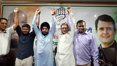 Kanhaiya Kumar, Arvinder Singh Lovely, JP Agarwal and Udit Raj at the Congress office on Monday. (Arvind Yadav/HT Photo) Kanhaiya Kumar, Arvinder Singh Lovely, JP Agarwal and Udit Raj at the Congress office on Monday. (Arvind Yadav/HT Photo)
