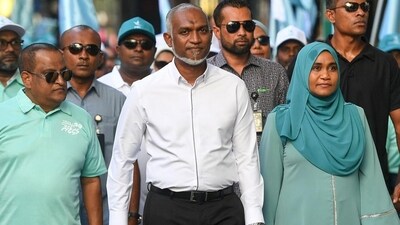 Maldives' President Mohamed Muizzu (centre) along with his supporters in Male. (AFP) Maldives' President Mohamed Muizzu (centre) along with his supporters in Male. (AFP)