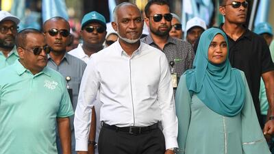 Maldives' President Mohamed Muizzu (centre) along with his supporters in Male. (AFP Photo) Maldives' President Mohamed Muizzu (centre) along with his supporters in Male. (AFP Photo)