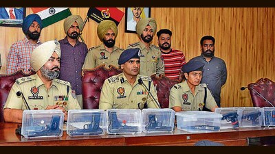 Officials show seized weapons during a presser at Police Lines, Ludhiana on Monday. (Gurpreet Singh/HT) Officials show seized weapons during a presser at Police Lines, Ludhiana on Monday. (Gurpreet Singh/HT)