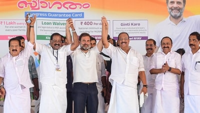 Kannur: Congress leader Rahul Gandhi with Kerala Pradesh Congress Committee President K Sudhakaran and other leaders during an election rally ahead of the Lok Sabha elections, in Kannur, Thursday, April 18, 2024. (PTI Photo) (PTI04_18_2024_000161B) (PTI) Kannur: Congress leader Rahul Gandhi with Kerala Pradesh Congress Committee President K Sudhakaran and other leaders during an election rally ahead of the Lok Sabha elections, in Kannur, Thursday, April 18, 2024. (PTI Photo) (PTI04_18_2024_000161B) (PTI)