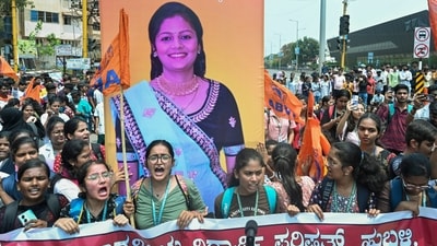 ABVP activists during their protest against the killing of BVB College student Neha Hiremath, in Hubballi, on April 19. (PTI) ABVP activists during their protest against the killing of BVB College student Neha Hiremath, in Hubballi, on April 19. (PTI)