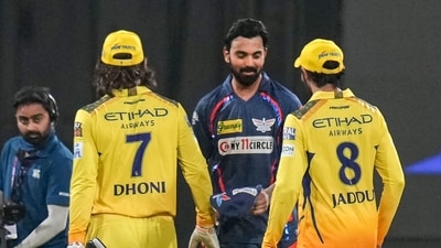 Lucknow Super Giants skipper KL Rahul greeted by CSK's R Jadeja and MS Dhoni after his team's victory (PTI) Lucknow Super Giants skipper KL Rahul greeted by CSK's R Jadeja and MS Dhoni after his team's victory (PTI)