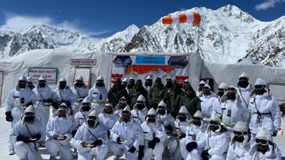 Defence Minister Rajnath Singh interacted with the armed forces personnel while visiting Siachen, the world's highest battlefield. (ANI) Defence Minister Rajnath Singh interacted with the armed forces personnel while visiting Siachen, the world's highest battlefield. (ANI)