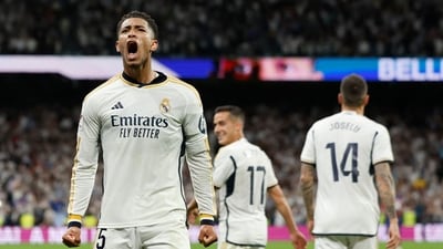Real Madrid's English midfielder #5 Jude Bellingham celebrates scoring his team's third goal (AFP) Real Madrid's English midfielder #5 Jude Bellingham celebrates scoring his team's third goal (AFP)