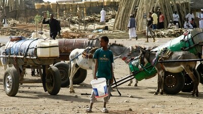 TOPSHOT - People use barrels mounted on donkey-pulled carts to transport water in the southern Sudanese city of Gadaref on April 21, 2024. (Photo by Ebrahim Hamid / AFP) (AFP) TOPSHOT - People use barrels mounted on donkey-pulled carts to transport water in the southern Sudanese city of Gadaref on April 21, 2024. (Photo by Ebrahim Hamid / AFP) (AFP)