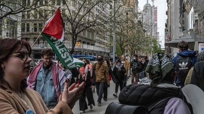 People protest in support of Palestine outside of the New School on April 21, 2024 in New York City. Activists at the New School are acting in solidarity with Columbia University students who have occupied a lawn on their campus in support of Palestine for the past 5 days. (Getty Images via AFP) People protest in support of Palestine outside of the New School on April 21, 2024 in New York City. Activists at the New School are acting in solidarity with Columbia University students who have occupied a lawn on their campus in support of Palestine for the past 5 days. (Getty Images via AFP)