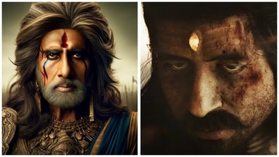 (Left) Amitabh Bachchan imagined as Ashwatthama by an AI software; (right) Amitabh Bachchan digitally de-aged as Ashwatthama in Kalki 2898 AD. (Left) Amitabh Bachchan imagined as Ashwatthama by an AI software; (right) Amitabh Bachchan digitally de-aged as Ashwatthama in Kalki 2898 AD.