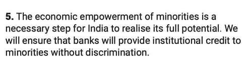The party's manifesto talks about ensuring loan to minorities without discrimination. (Congress Manifesto/Screenshot) The party's manifesto talks about ensuring loan to minorities without discrimination. (Congress Manifesto/Screenshot)