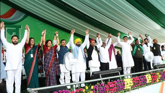 Leaders join hands at the INDIA bloc's rally in Ranchi on Sunday. (X)
