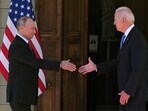 Russian President Vladimir Putin and US President Joe Biden shake hands at a meeting at the 'Villa la Grange' in Geneva, Switzerland in 2021. Russian President Vladimir Putin and US President Joe Biden shake hands at a meeting at the 'Villa la Grange' in Geneva, Switzerland in 2021.
