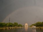 Rainbow seen over India Gate at Kartavaya Path after sudden strom and rains.(HT Photo/Vipin Kumar) Rainbow seen over India Gate at Kartavaya Path after sudden strom and rains.(HT Photo/Vipin Kumar)