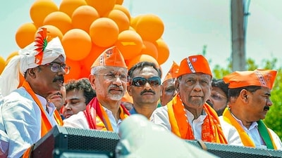 EAM S Jaishankar during a roadshow before BJP candidate from Telangana's Bhongir constituency, Bura Narsaiah Goud files his nomination in Bhongir, Telangana. (PTI) EAM S Jaishankar during a roadshow before BJP candidate from Telangana's Bhongir constituency, Bura Narsaiah Goud files his nomination in Bhongir, Telangana. (PTI)