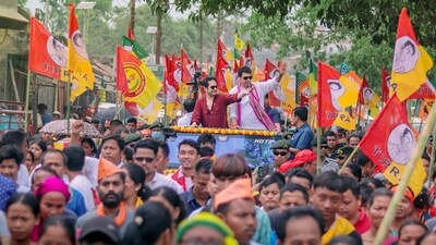 BJP candidate from West Tripura constituency Biplab Kumar Deb and Tipra Motha founder Pradyot Kishore Debbarman campaigning for BJP candidate from the East Tripura constituency, Maharani Kriti Devi Singh at Gandachhara, Tripura. (ANI) BJP candidate from West Tripura constituency Biplab Kumar Deb and Tipra Motha founder Pradyot Kishore Debbarman campaigning for BJP candidate from the East Tripura constituency, Maharani Kriti Devi Singh at Gandachhara, Tripura. (ANI)