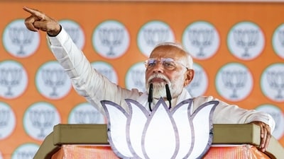 Prime Minister Narendra Modi addresses a public rally ahead of the Lok Sabha elections, in Mahasamund, Chhattisgarh on Tuesday. (ANI Photo) (BJP media) Prime Minister Narendra Modi addresses a public rally ahead of the Lok Sabha elections, in Mahasamund, Chhattisgarh on Tuesday. (ANI Photo) (BJP media)