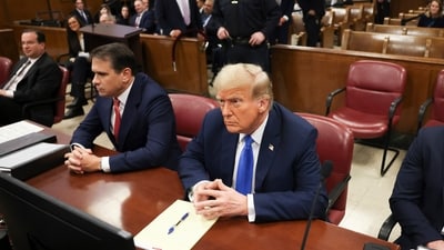 Former president Donald Trump, center, awaits the start of proceedings at Manhattan criminal court, Monday, April 22, 2024, in New York. (AP) Former president Donald Trump, center, awaits the start of proceedings at Manhattan criminal court, Monday, April 22, 2024, in New York. (AP)